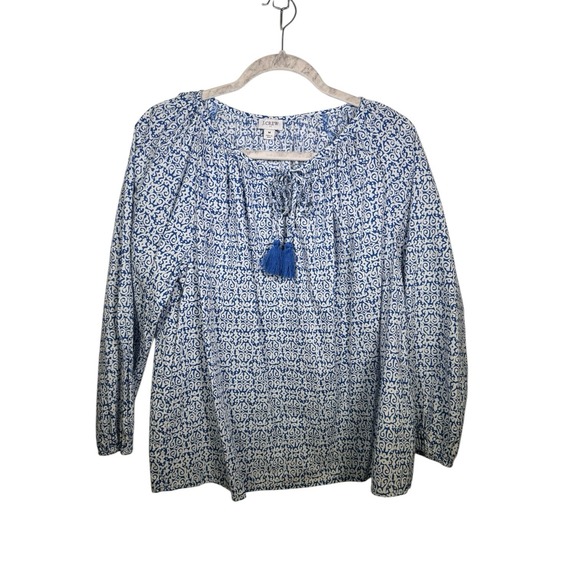 J Crew Blue White Print Tassel Tie Neck Long Sleeve Peasant Blouse Top M - Picture 3 of 11